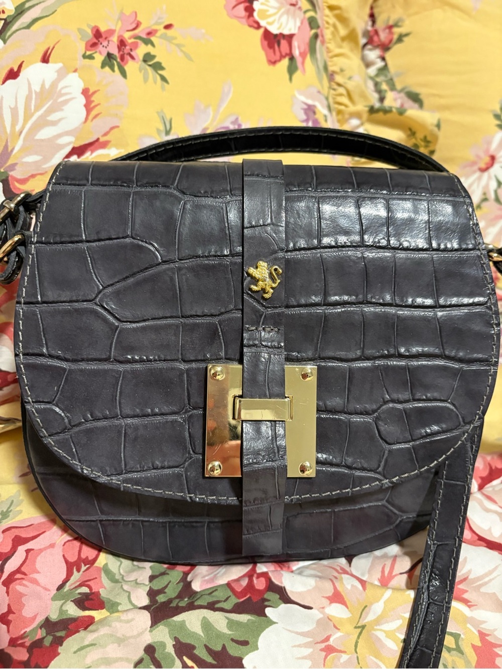 Pratesi Firenze Gunmetal Italian Crossbody Bag with  Gold Hardware - Picture 2 of 16
